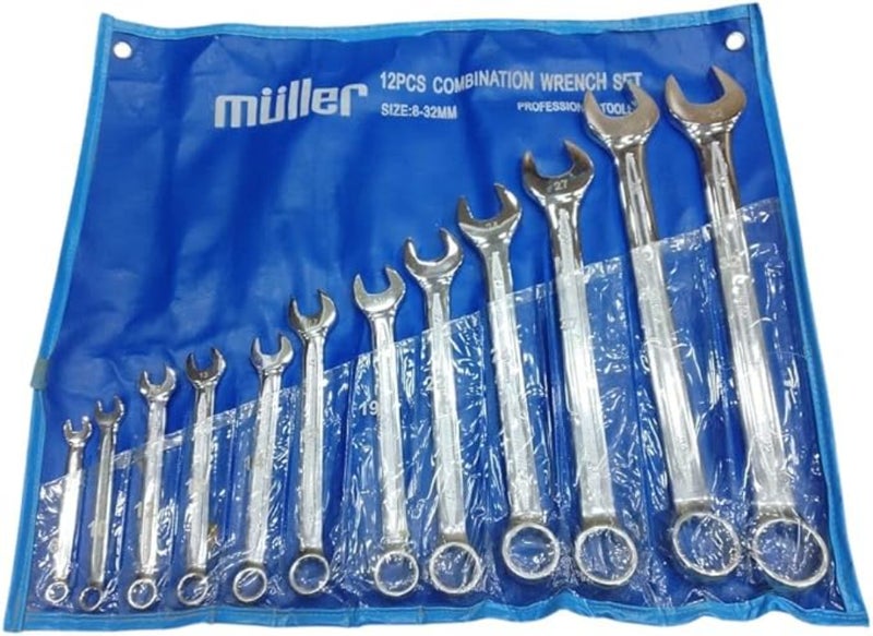 طقم مفاتيح بلدي مشرشر 12 قطعة من MULLER مقاسات 8-32 مم – مفاتيح ربط وصيانة من الصلب المتين